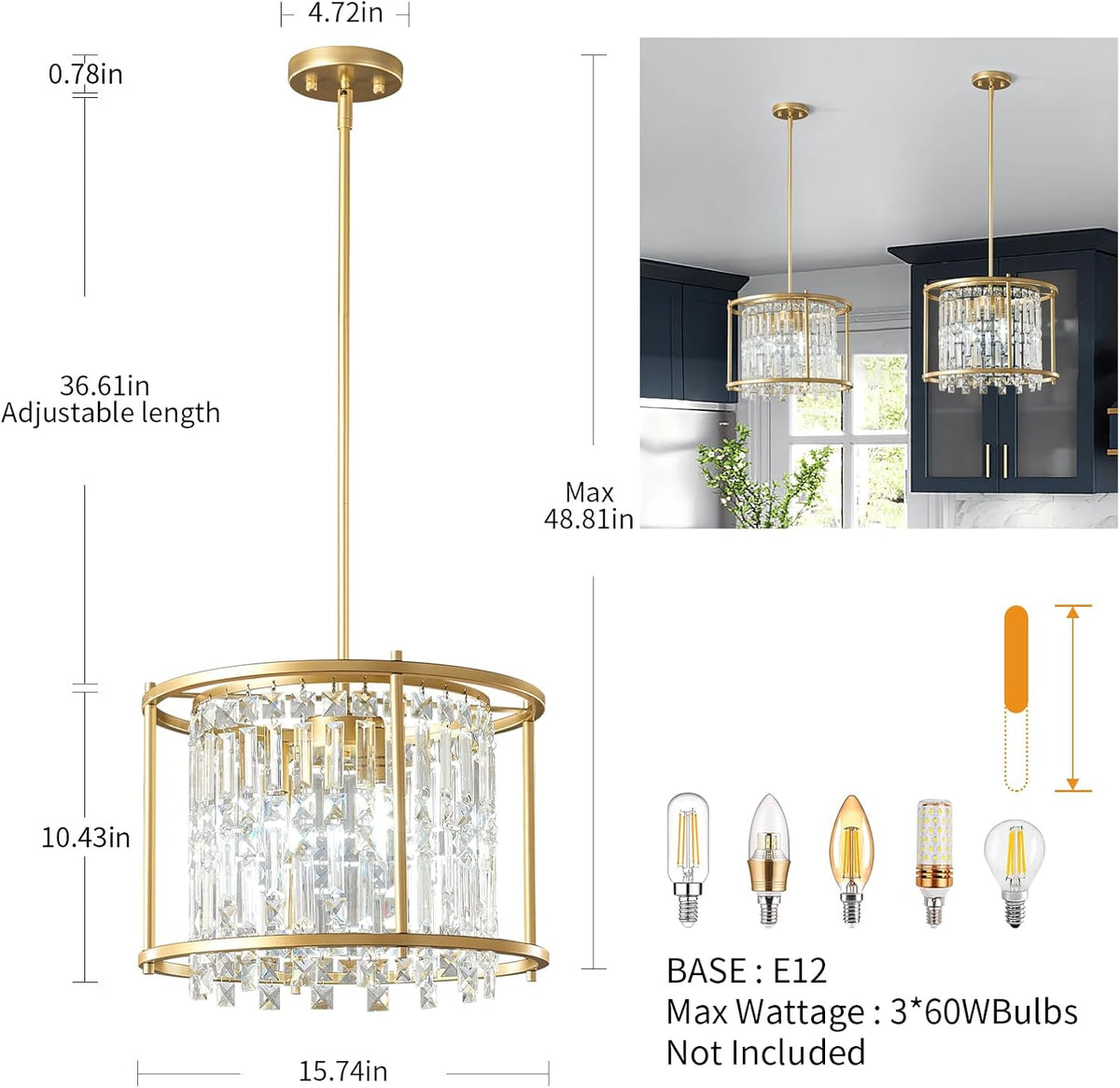 LMQNINE Modern Foyer Chandelier, Gold Crystal Chandelier Entryway Pendant Light Fixture, Round Adjustable Height Chandeliers for Kitchen Island, L15.74'' x H10.43''