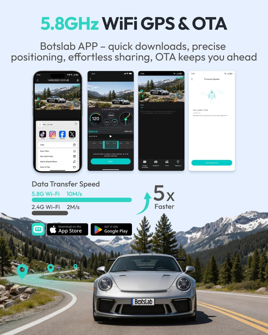 BOTSLAB 3K 4 Channel Dash Cam, 360° All-Sides View, Front and Rear Inside Car Camera with 3.18”Touch Screen, Dash Camera 24/7 Parking Mode, Built-in GPS 5.8GHz WiFi Voice Control, Free 128GB Card