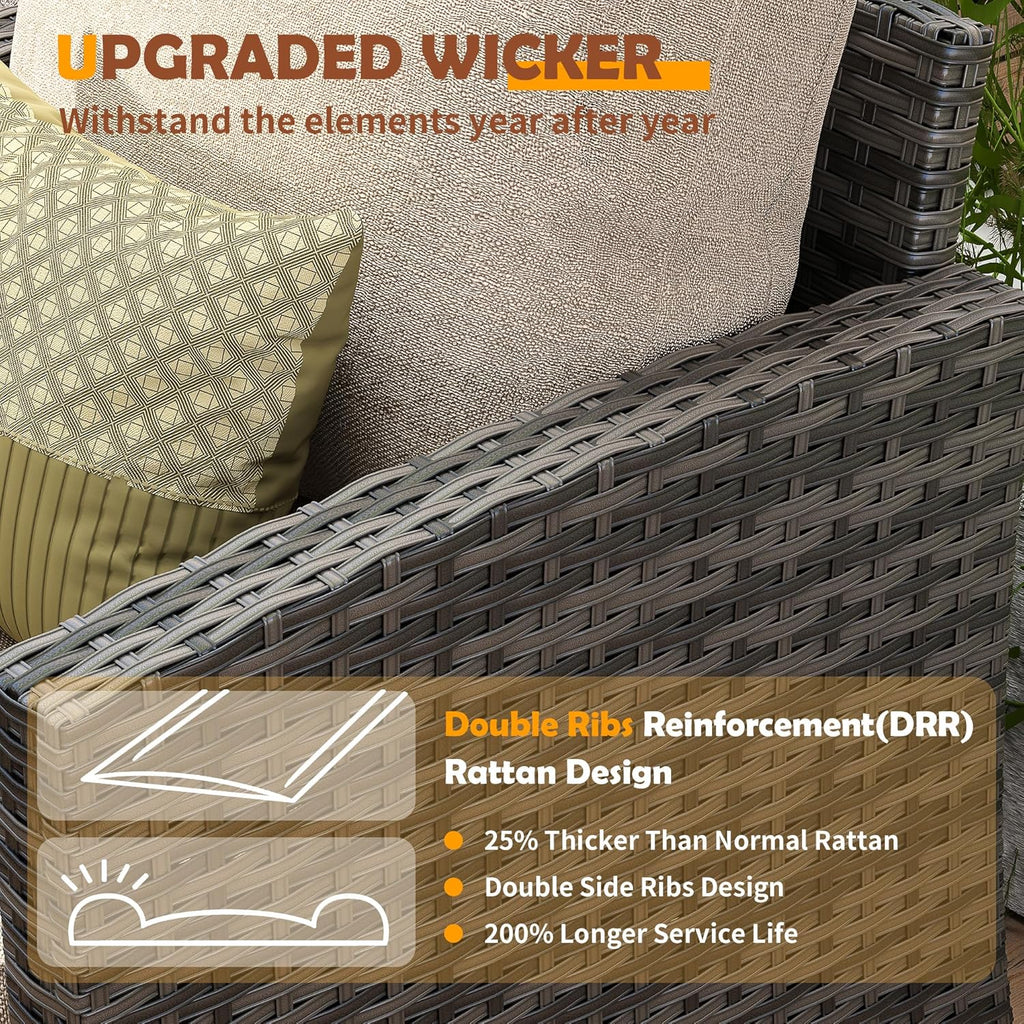 UDPATIO Patio Furniture Set with 44" Fire Pit Table, 6 Pieces Outdoor Sectional Conversation Sets, All-Weather Wicker Rattan Sofa Ottoman with 4" Thick Cushion for Garden Backyard Deck, Khaki