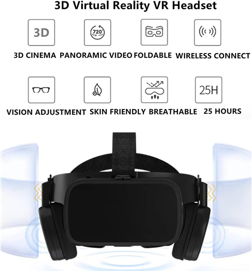 VR Headset Virtual Reality Glasses for iPhone and Android Phones, Foldable 3D VR Goggles Set Bundle with Bluetooth Headphones for Both Adults and Kids Play 3D VR Games Movies, Black