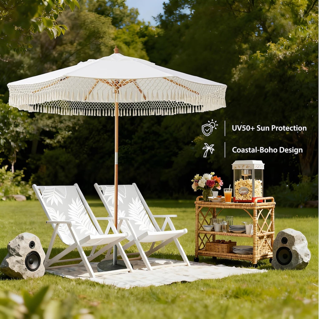 AMMSUN 8.5ft Luxury Premium Boho Patio Umbrella Wood Pole Fancy Bali-style Outdoor Umbrellas UPF 50+ Sun Protection with Pulley Lift Air Vent Tassel Fringe for Garden, Pool, Deck, Beach, Backyard, Events