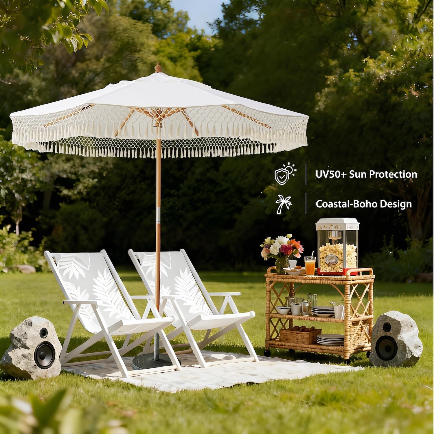 AMMSUN 8.5ft Luxury Premium Boho Patio Umbrella Wood Pole Fancy Bali-style Outdoor Umbrellas UPF 50+ Sun Protection with Pulley Lift Air Vent Tassel Fringe for Garden, Pool, Deck, Beach, Backyard, Events