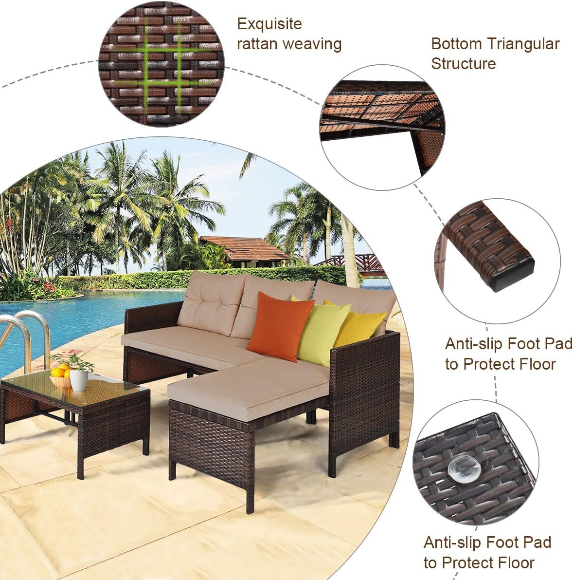 HAPPYGRILL 3-Piece Outdoor Rattan Sectional Sofa Set Patio Wicker Rattan Conversation Furniture Set, Steel Frame & Seat Cushion, Perfect for Garden Lawn Pool Backyard
