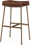 Maven Lane Berkley Backless Bar Stool 31 Inch – Saddle Stool with Footrest – Aged Gold Metal Frame & Brown Faux Leather Upholstery – Ideal for Bars, Pubs and Tall Kitchen Counters