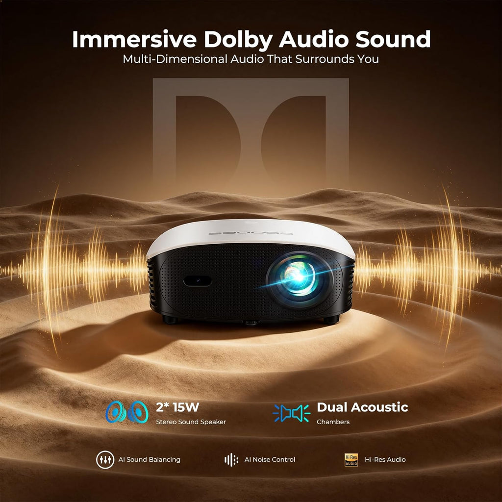 GooDee AI Smart Mini Projector with WiFi and Bluetooth - FHD 4K Support, Compatible with Netflix/YouTube, Auto Focus & Keystone, Dolby Audio Movie Projector for Outdoor Movie Night & Bedroom Theater