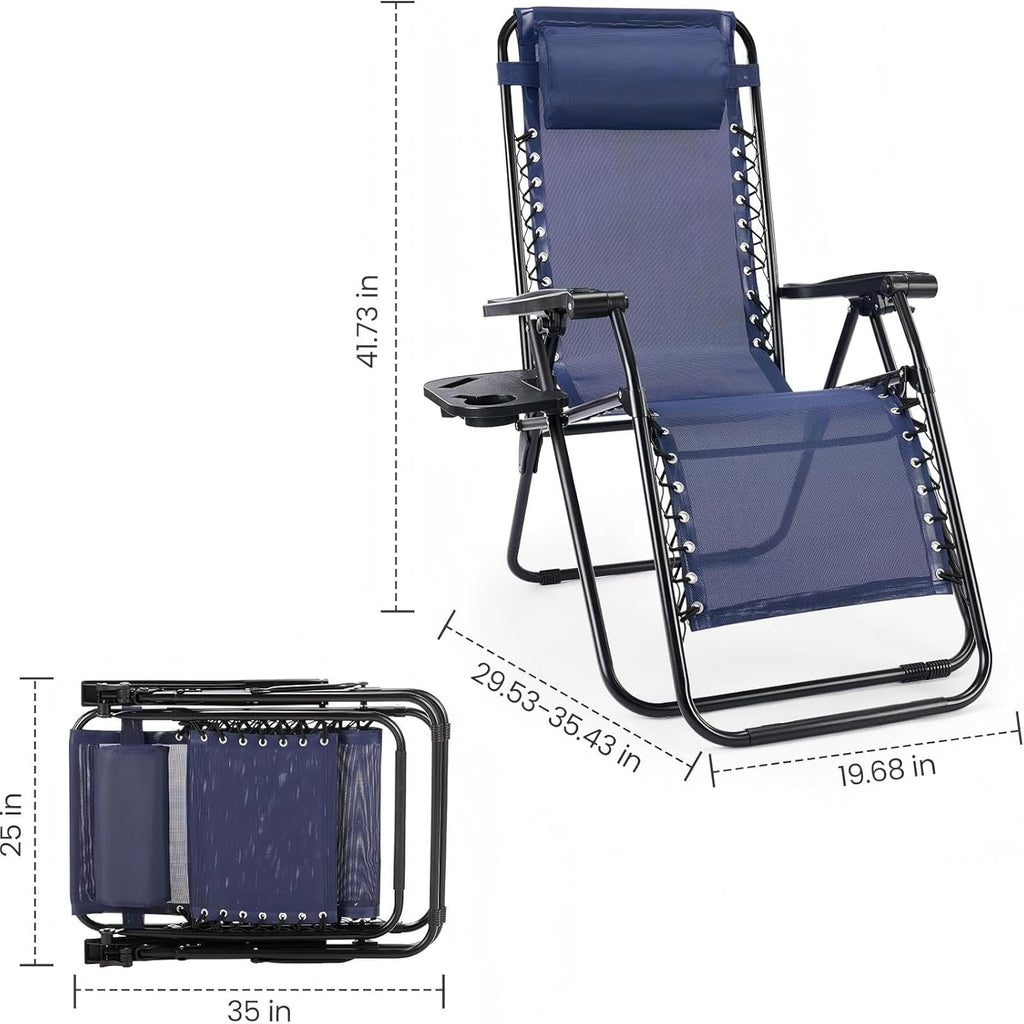 Sweetcrispy Zero Gravity Chairs, Set of 4 Portable Recliner Beach Camping Patio Outdoor Folding Lounge Chair with Cup Holder Trays and Adjustable Pillow for Poolside, Garden, Backyard, Lawn, Blue