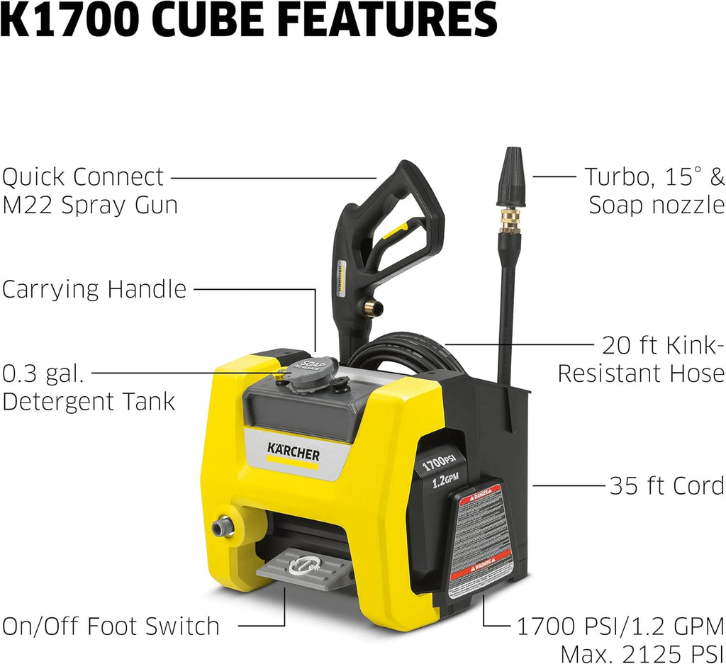Kärcher Pressure Washer K1700 Cube, CETA Certified, 3 Spray Nozzles, Detergent Tank, for Cars, Driveways, Siding, Patios, 1.2 GPM