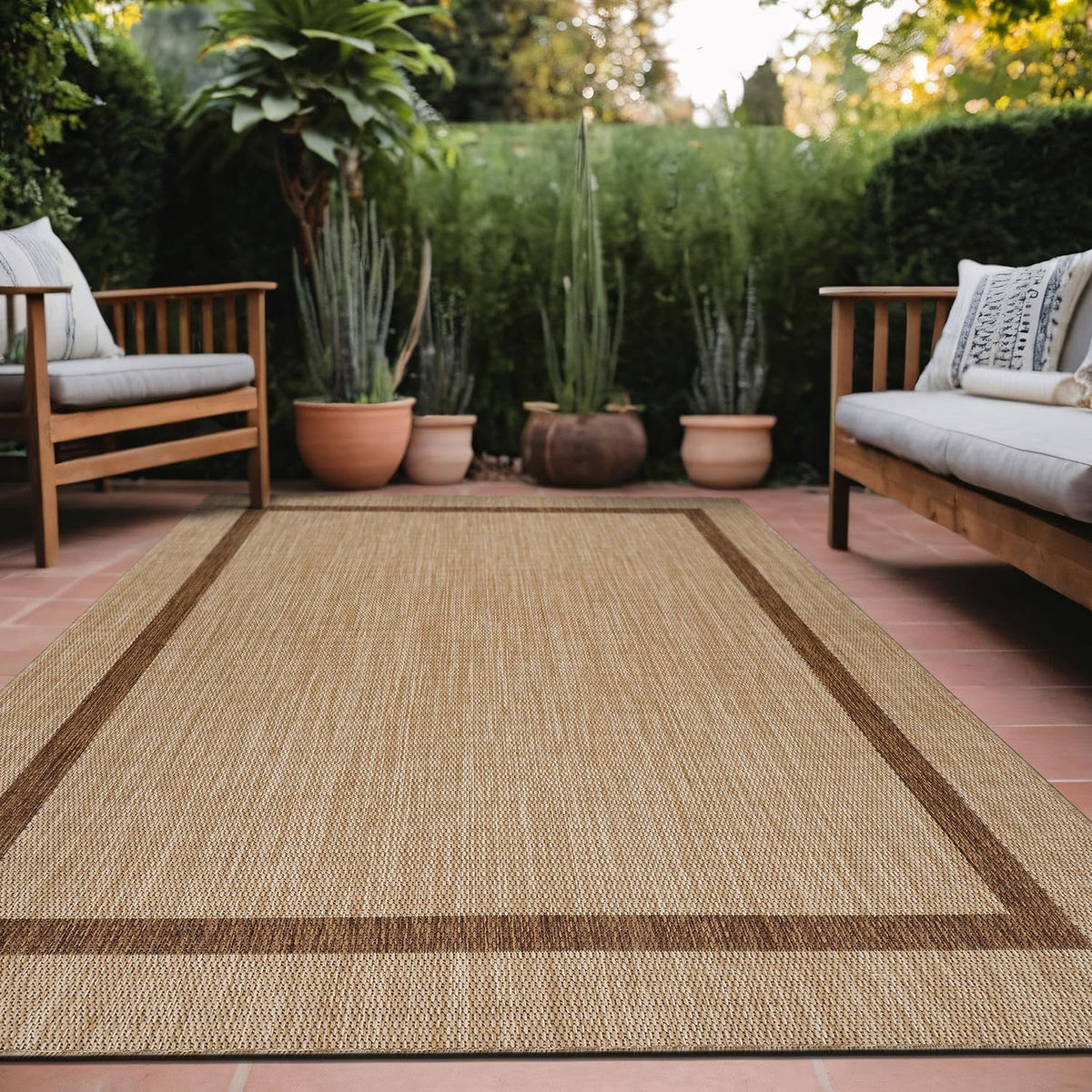 Luul Home Bordered Outdoor Rug 9x12 Washable Outside Carpet for Indoor Patio Porch Waterproof Easy Cleaning Non Shedding Area Rugs Jute Beige - Nut Brown 9 x 12