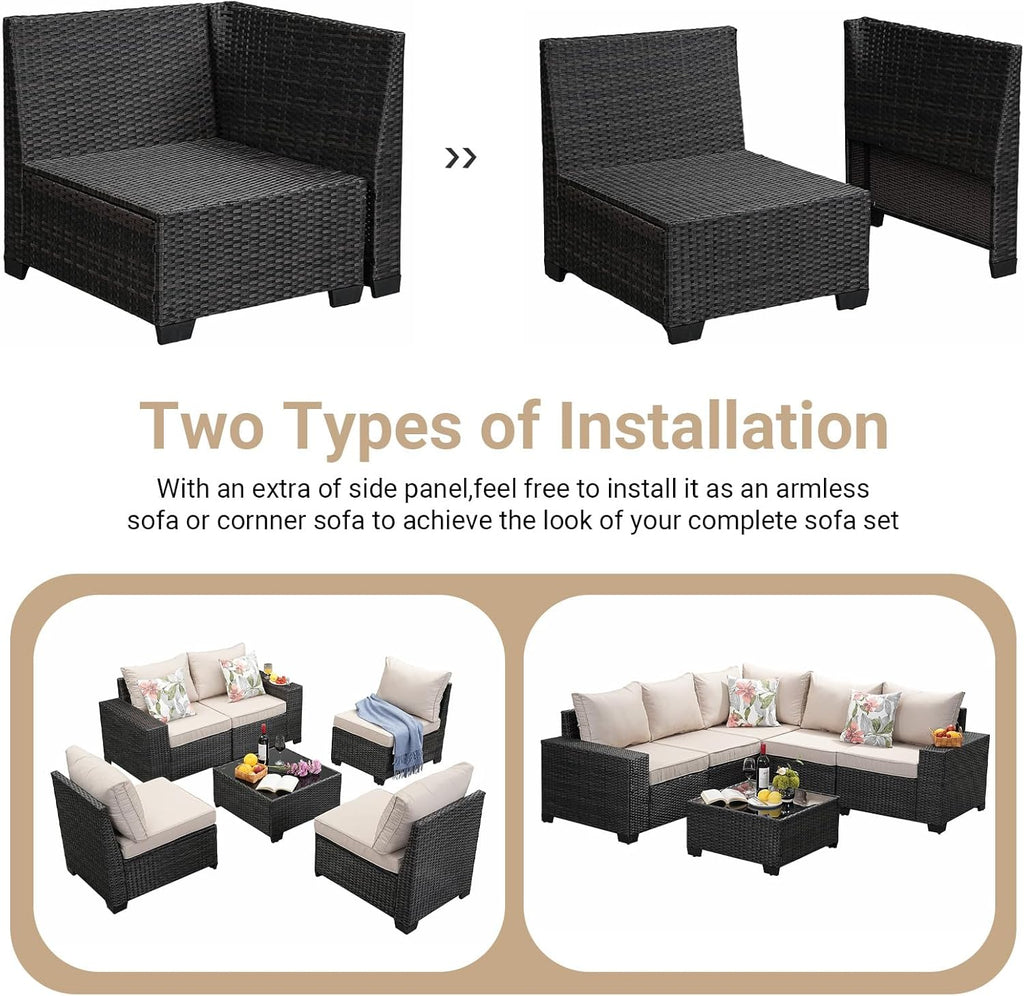 Jing's Villa 6-Piece Patio Furniture Set, All-Weather Outdoor Wicker Sectional Sofa with Cushions, Glass Table & Left and Right Armrest, Rattan Conversation Seating for Porch, Garden, Backyard,Beige