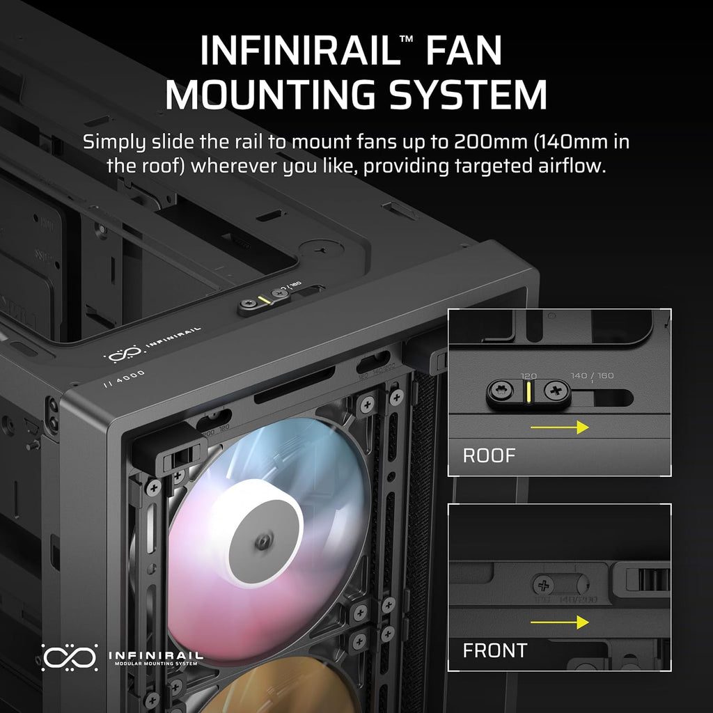 CORSAIR 4000D RS ARGB Frame Modular Mid-Tower ATX PC Case, High Airflow, 3X Pre-Installed RS Fans, InfiniRail™ Mounting System, ASUS BTF, MSI Zero, Gigabyte Stealth, Black