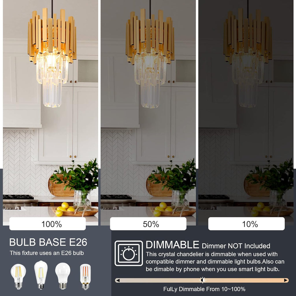 Gold Crystal Pendant Light Mini Modern Luxury Crystal Pendant Light Perfect for Dining Room, Bedroom, Kitchen, Living Room 3-Pack