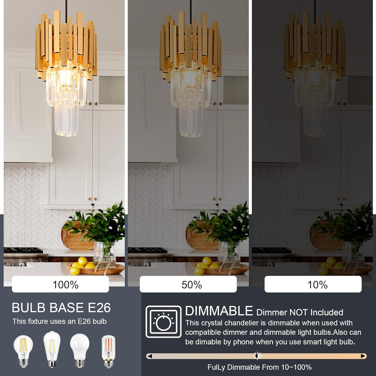 Gold Crystal Pendant Light Mini Modern Luxury Crystal Pendant Light Perfect for Dining Room, Bedroom, Kitchen, Living Room 3-Pack