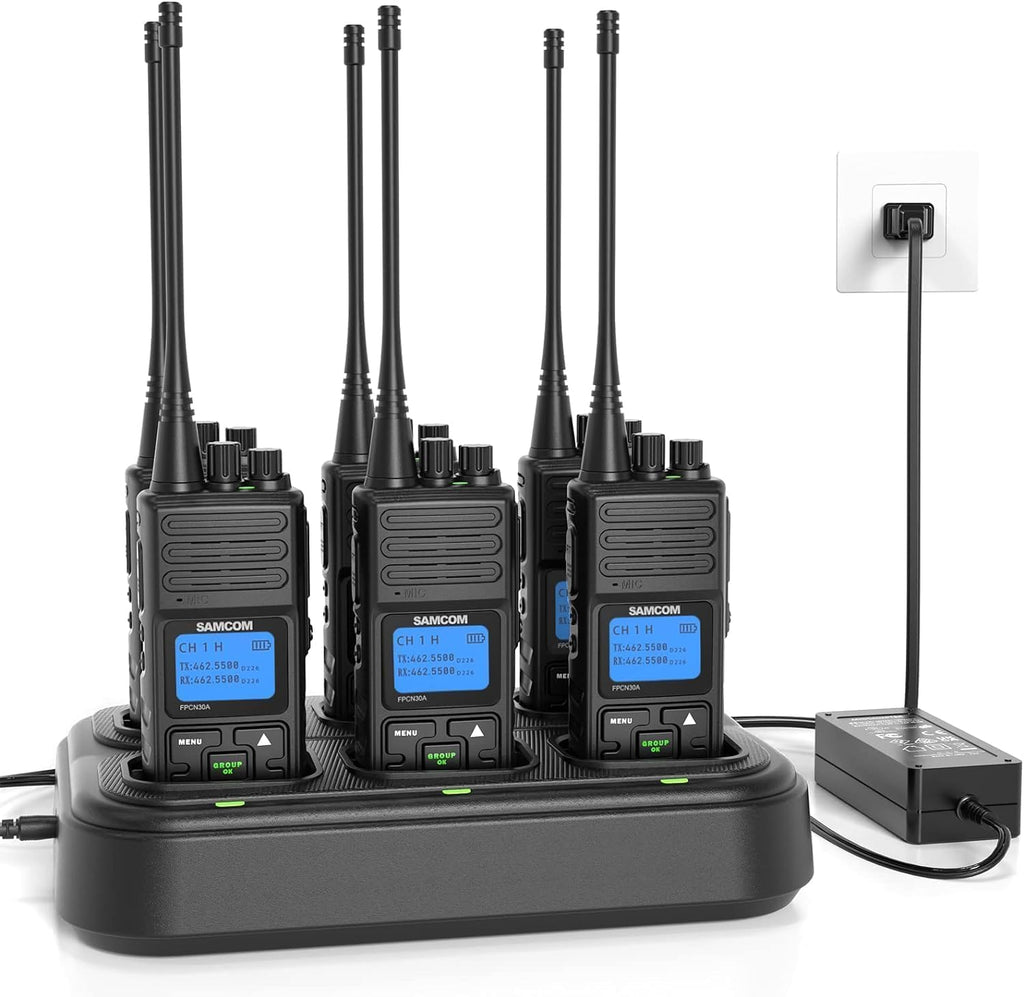 SAMCOM FPCN30A Radios Walkie Talkies Long Range Business Commercial Professional UHF 2 Way Radios Two-Way Radio(6 Pack) with 6 Way Multi Gang Charger & Earpieces