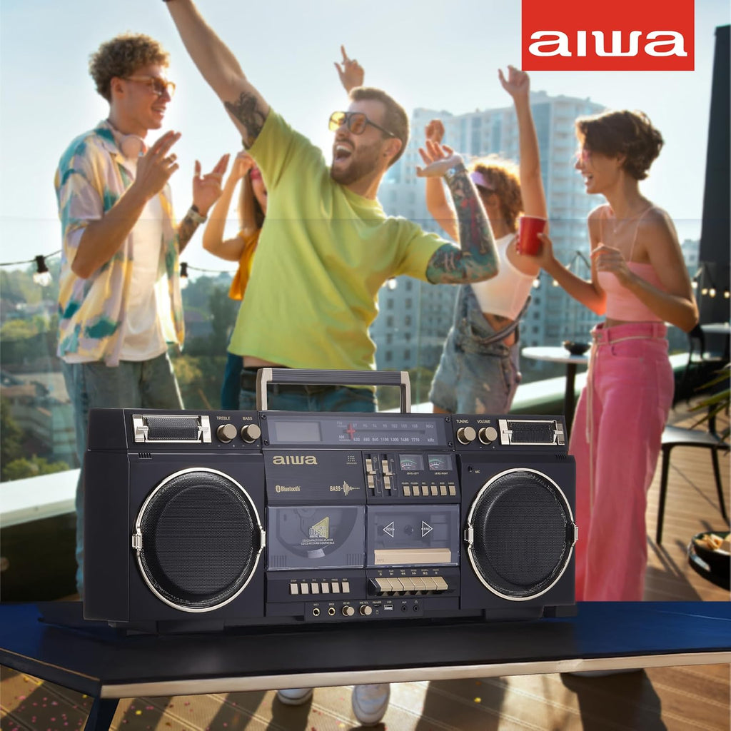 aiwa Retro Boombox BackTrack CD Player with Cassette Recording, Bluetooth 5.0, FM/AM Radio, USB/SD/AUX Inputs, VU Meters, LCD Display, Dual 40W Speakers (Black and Gold)