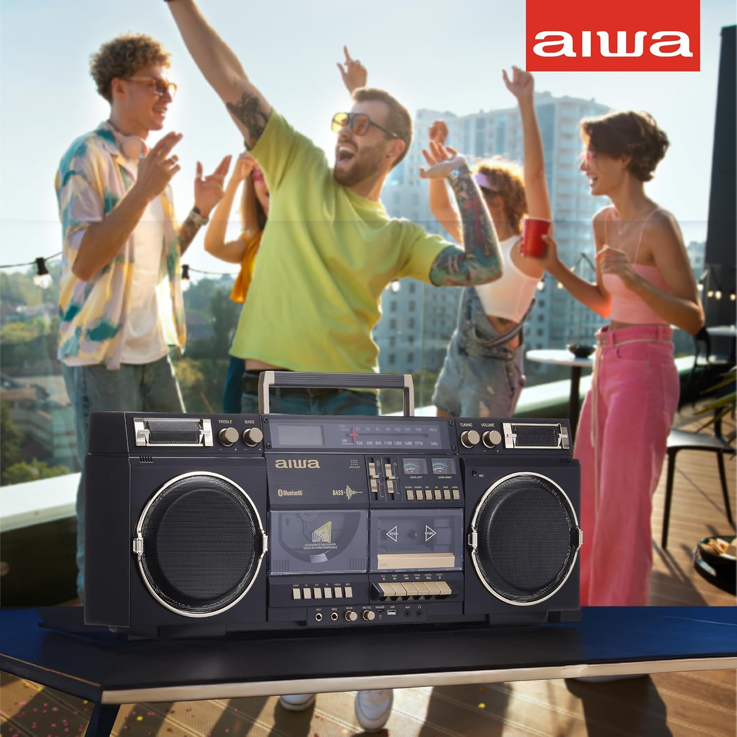 aiwa Retro Boombox BackTrack CD Player with Cassette Recording, Bluetooth 5.0, FM/AM Radio, USB/SD/AUX Inputs, VU Meters, LCD Display, Dual 40W Speakers (Black and Gold)