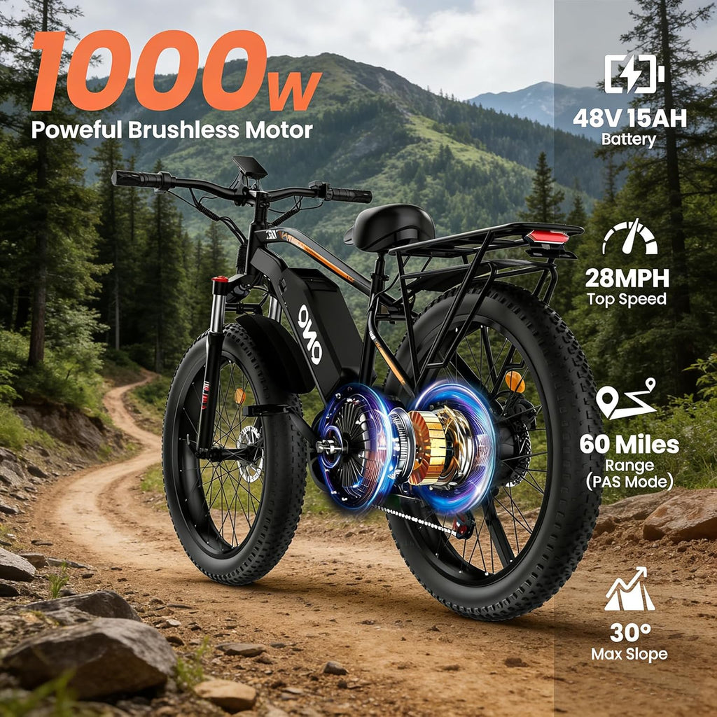 Electric Bike for Adults, 1500W Peak Motor 28MPH, 48V 15AH Removable Battery, 60Miles Range, UL 2849 Certified, 26*4 Fat Tire Ebike Dual Disc Brakes, Shimano 7-Speed for Commute & Outdoor Adventure
