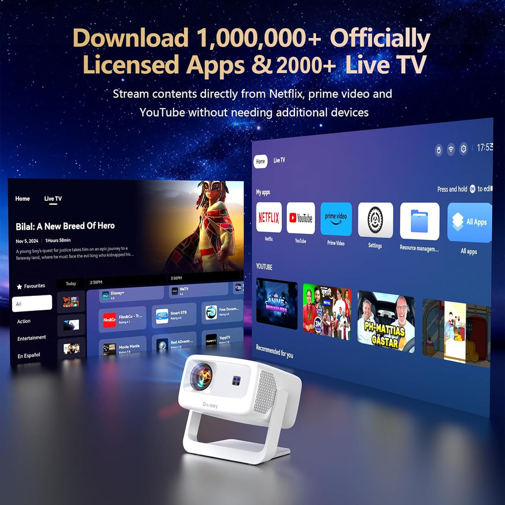 3500-Ultra Bright/Official Apps Downloads/65W Dolby Audio/4K Support Smart Outdoor Projector with WiFi and Bluetooth, Auto Focus, All-in-One Streaming Apps Proyector, 2026 Upgraded from Grey Model
