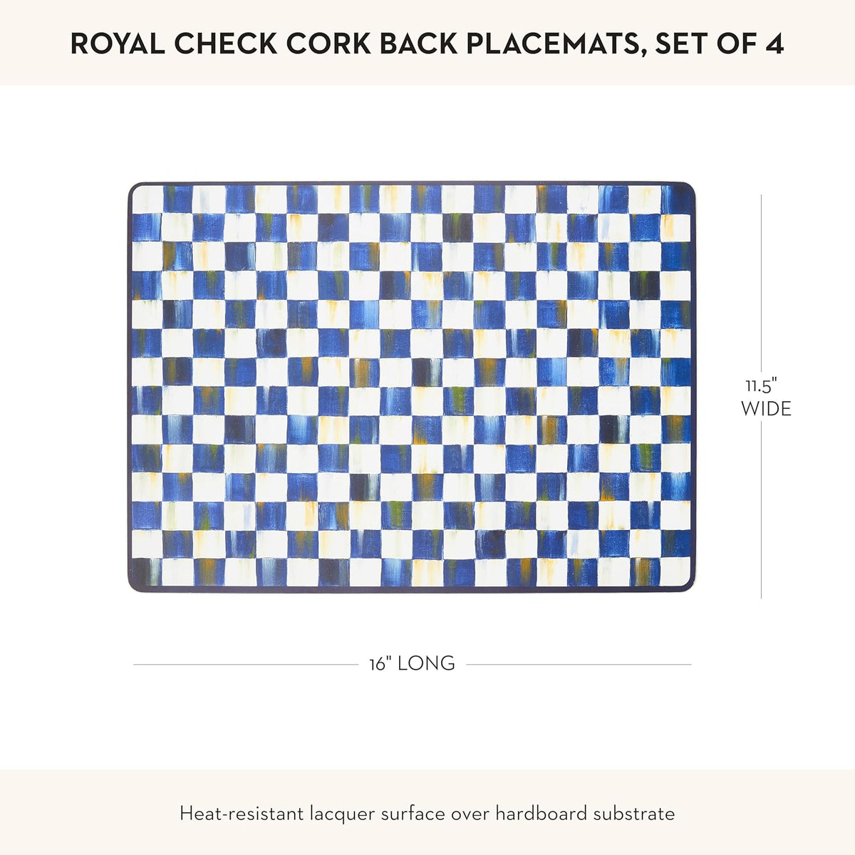 MACKENZIE-CHILDS Set of 4 Cork-Back Placemats, Hard-Finish Table Mats, Blue-and-White Royal Check