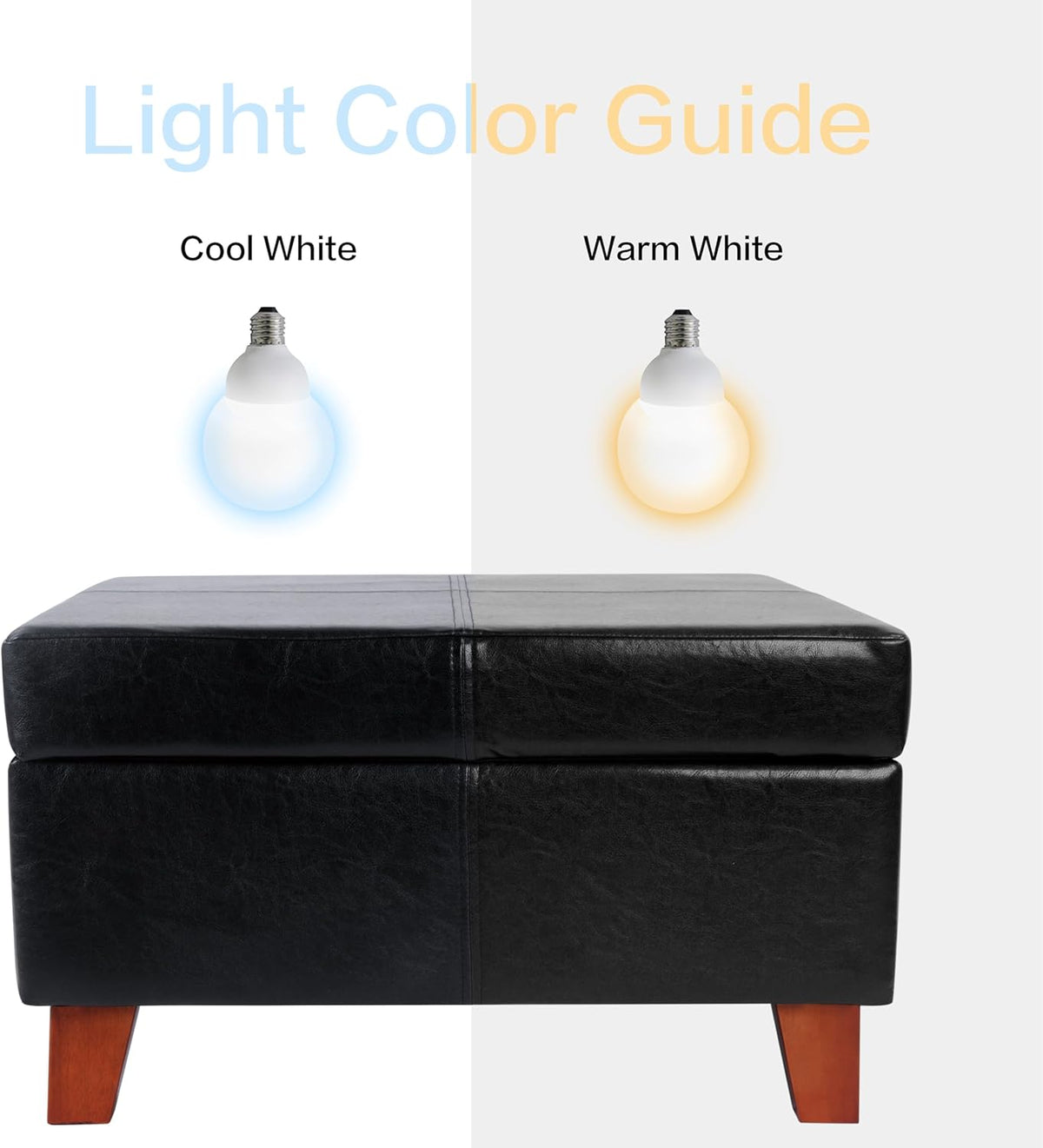 HomePop Faux Leather Square Storage Ottoman with Wood Legs, Black