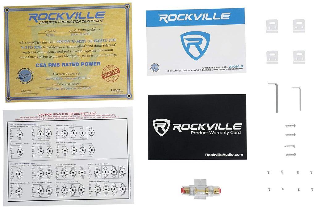 Rockville Atom 8W 3500W Peak 8-Channel Marine Amplifier 4 Ohm, Bluetooth, Marine-Grade Water-Resistant, Compact, for Boat and Marine Audio Systems