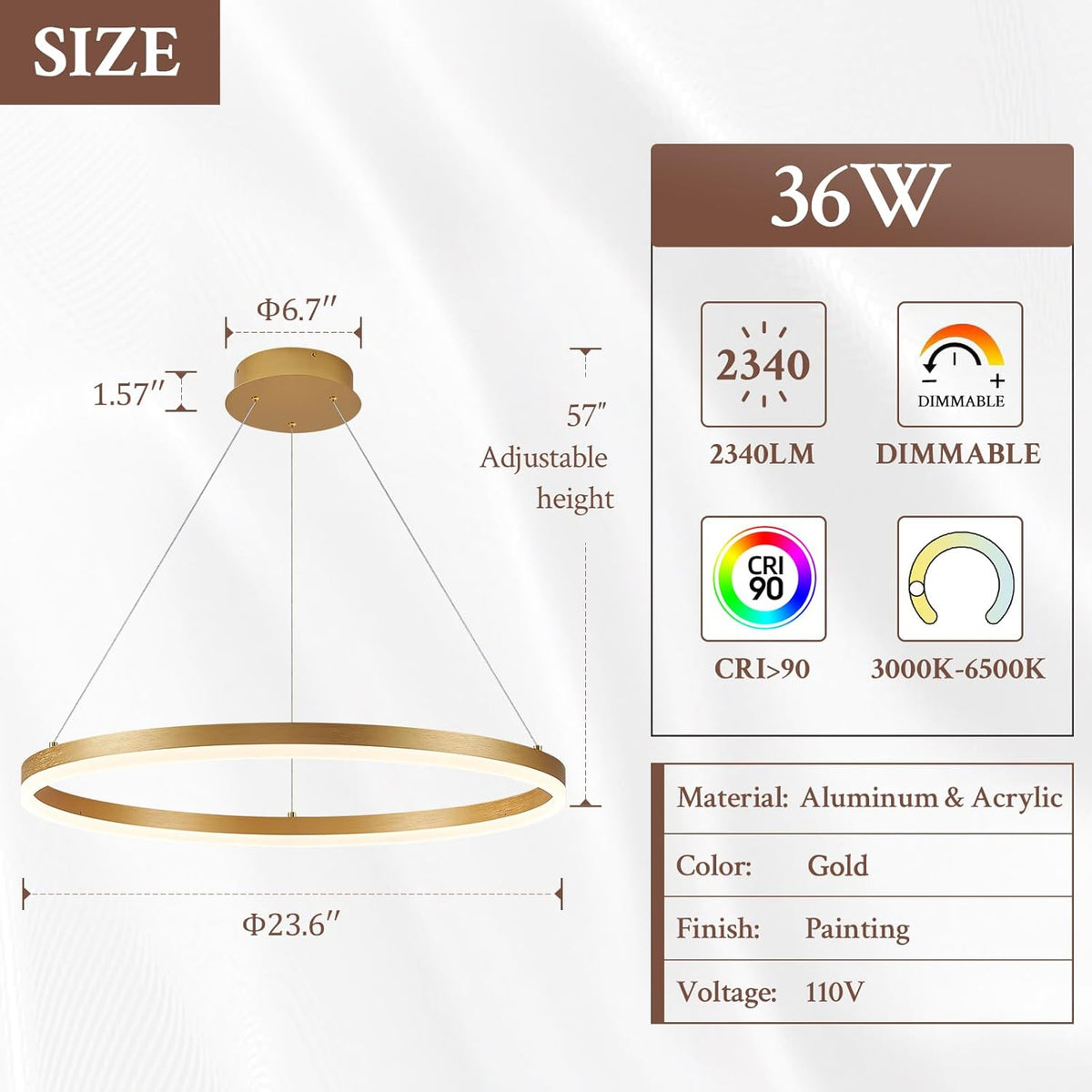 Modern LED Pendant Lighting Ring Chandelier Gold Dimmable LED Chandelier for Dining Room 36W Adjustable Pendant Light Fixture for Living Room Bedroom Home Office Foyer, 3000-6500K D24in