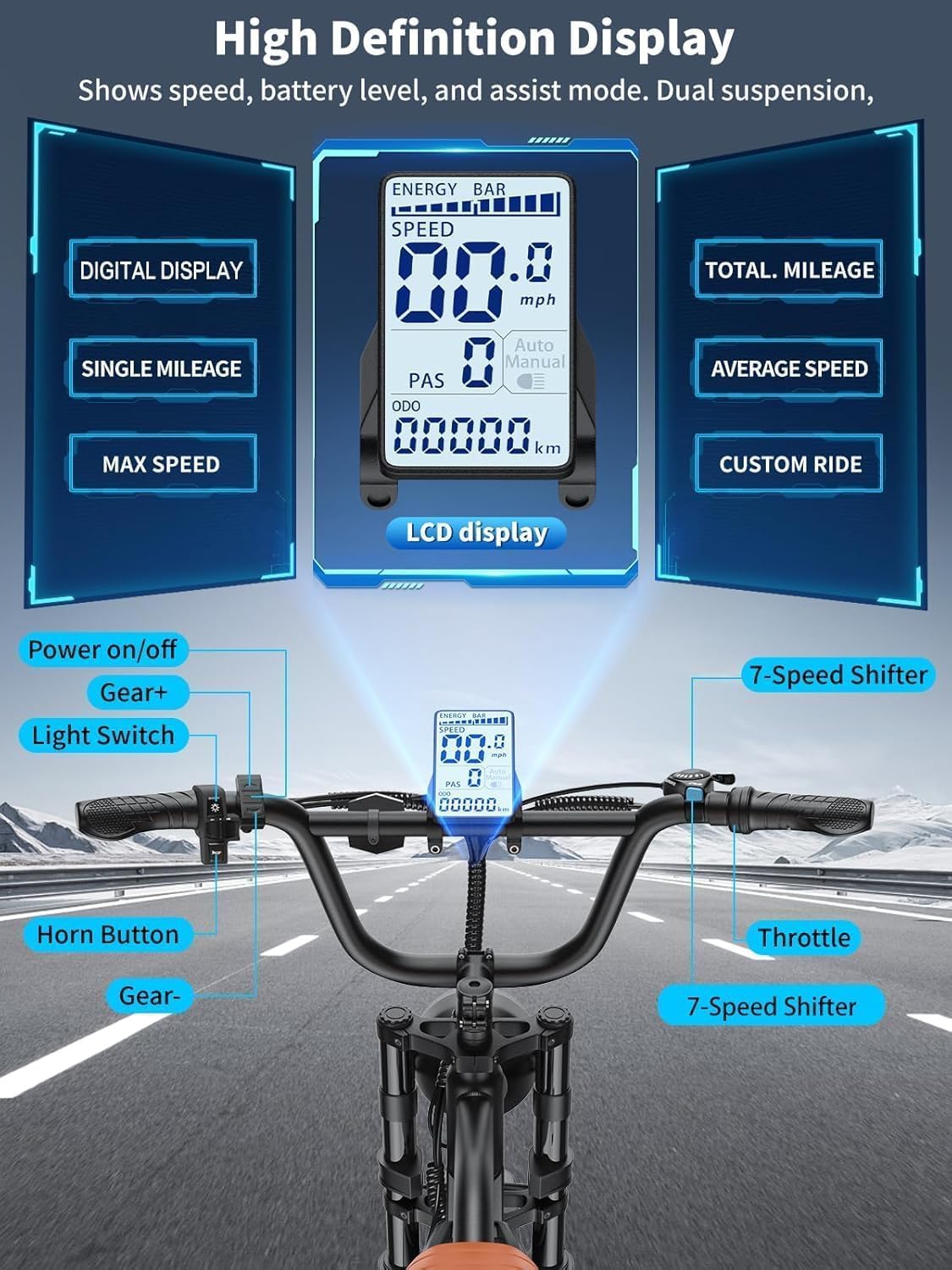 Electric Bike for Adults, 1500W Peak Motor 28 MPH 50Miles Fat Tire Ebike with 48V Removable Battery 20"x4.0" Electric Dirt Bike Hydraulic Suspension and 7-Speed,All-Terrain Unisex ebikes