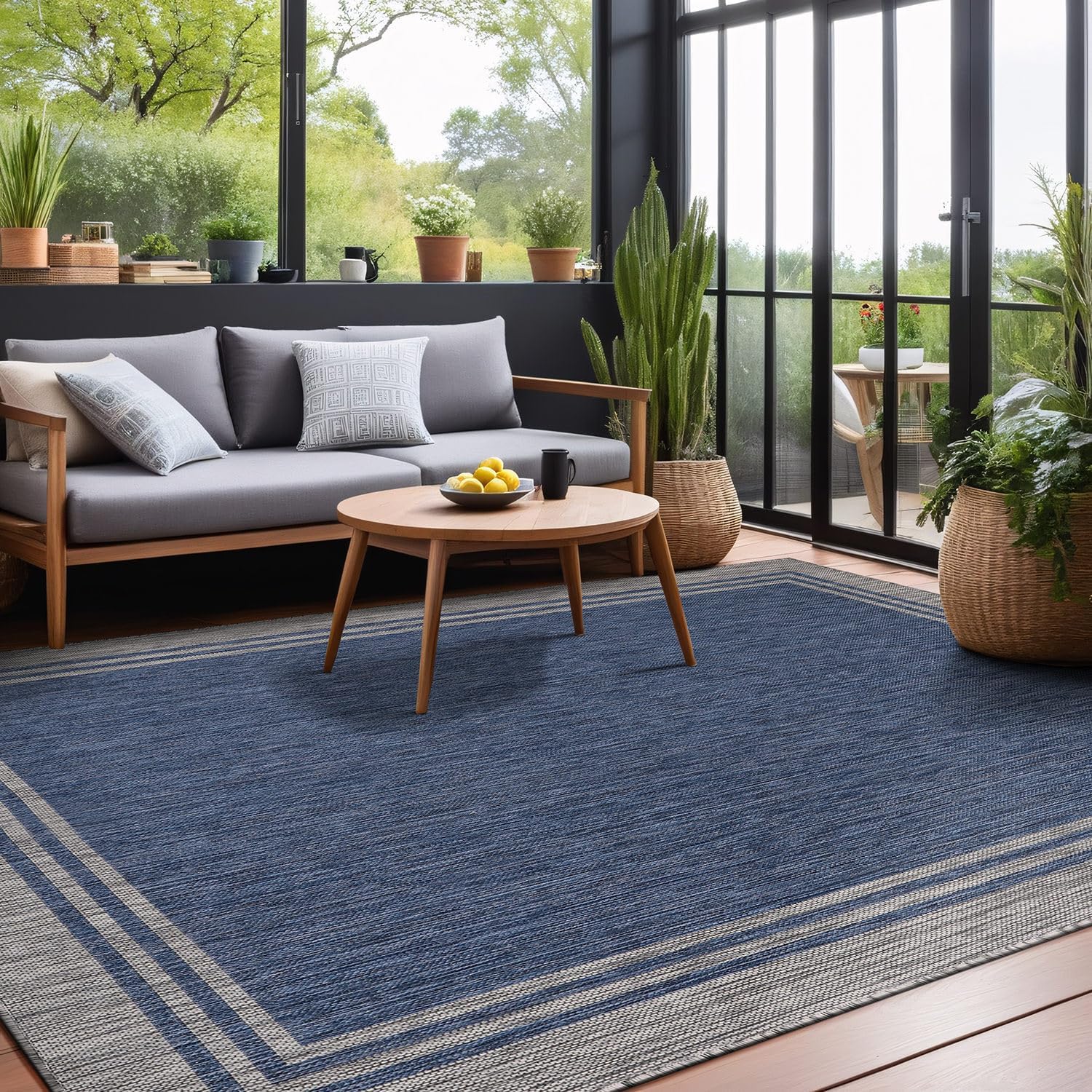 Luul Home Bordered Outdoor Rug 10x14 Washable Outside Carpet for Indoor Patio Porch Waterproof Easy Cleaning Non Shedding Area Rugs Navy 10 x 14