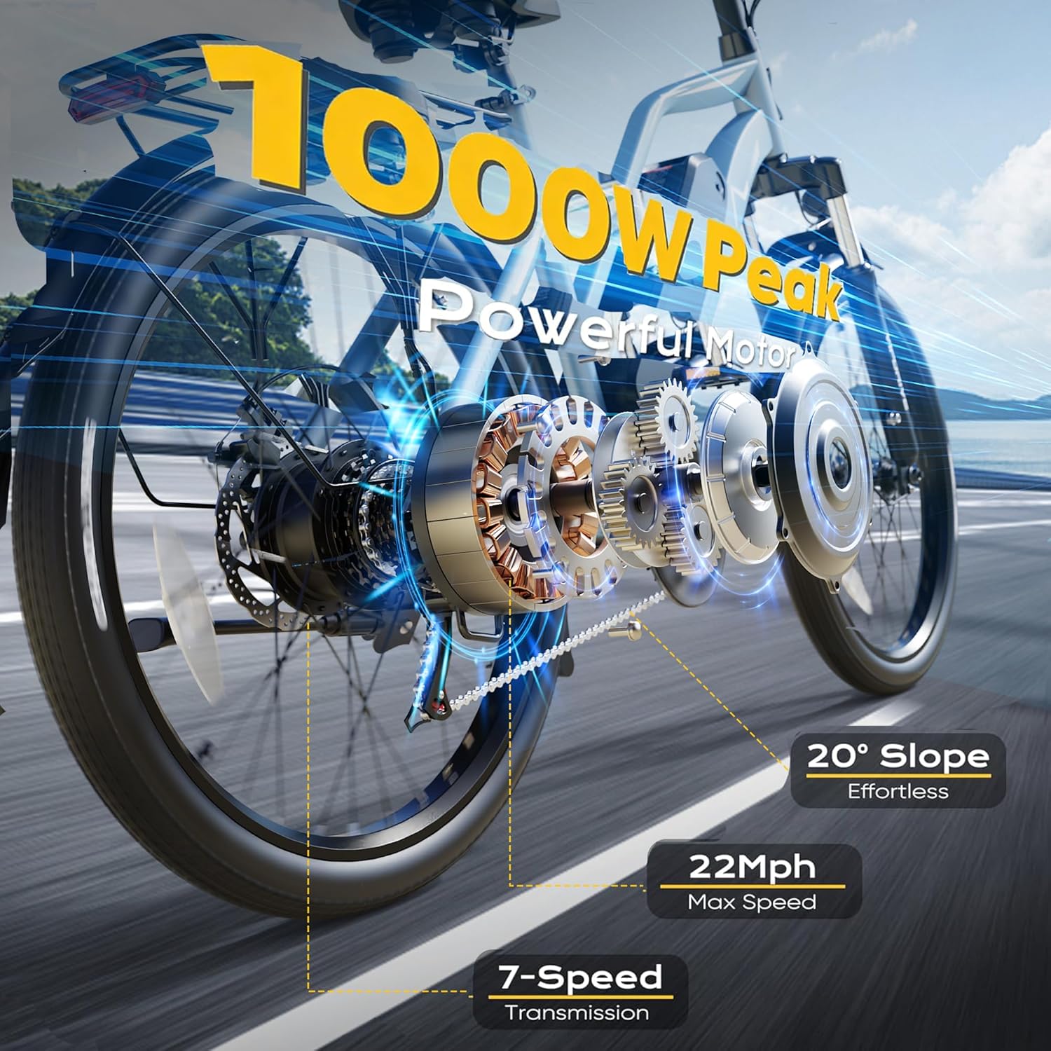 Electric Bike for Adults, 1000W Peak Motor, 22 MPH Commuter E-Bike, 48V Removable Battery, 50 Miles Range, 7-Speed Electric Bicycle, Includes Pump, Phone Mount & Lock