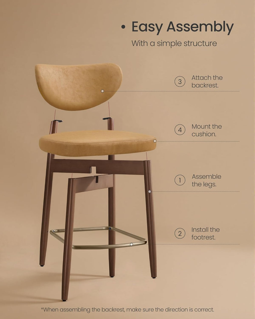 VASAGLE Wooden Bar Stools Set of 2, Upholstered Counter Height Barstools with Solid Wood Legs, Ergonomic Backrest, Mid Century Modern, for Kitchen Island, Synthetic Leather, Caramel Brown