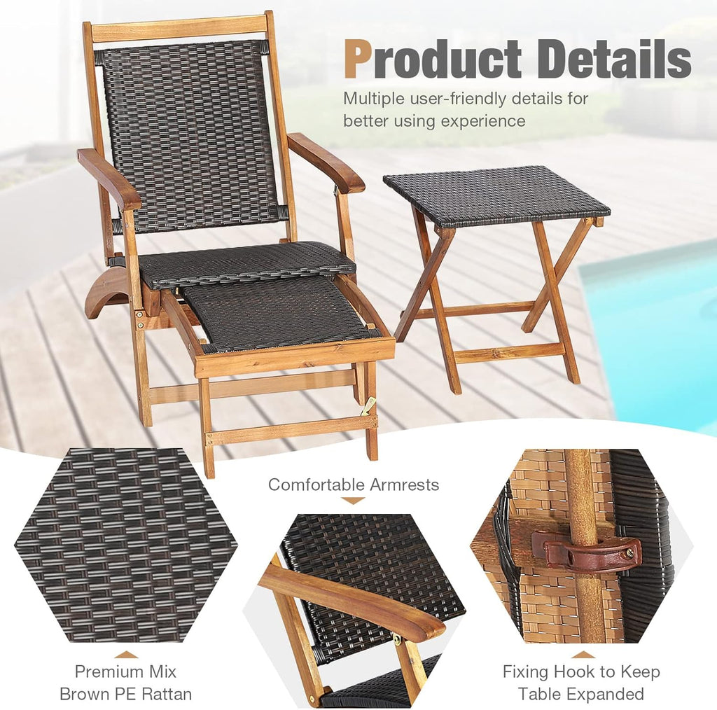 RELAX4LIFE Patio Chaise Lounge Chair Set of 3, Acacia Wood Folding Rattan Wicker Chairs w/Retractable Footrest, Side Table, 3-Piece Outdoor Patio Furniture, Fire Pit Deck Chairs Set for Porch Poolside