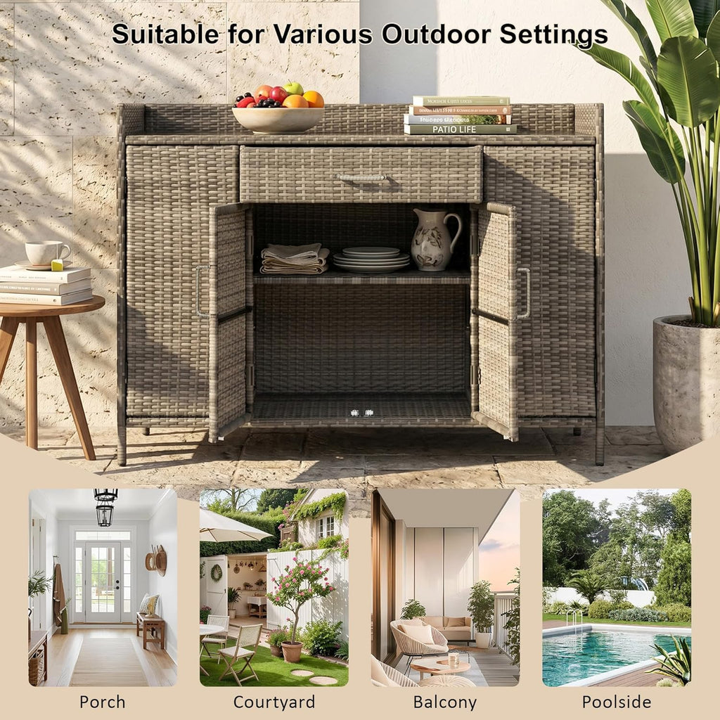 Merax 53.2" Patio Wicker Storage Cabinet, Outdoor Waterproof Patio Bar Table with Drawer and Shelves, Wicker Buffet Cabinet Sideboard for Poolside and Backyard, Black+Brown