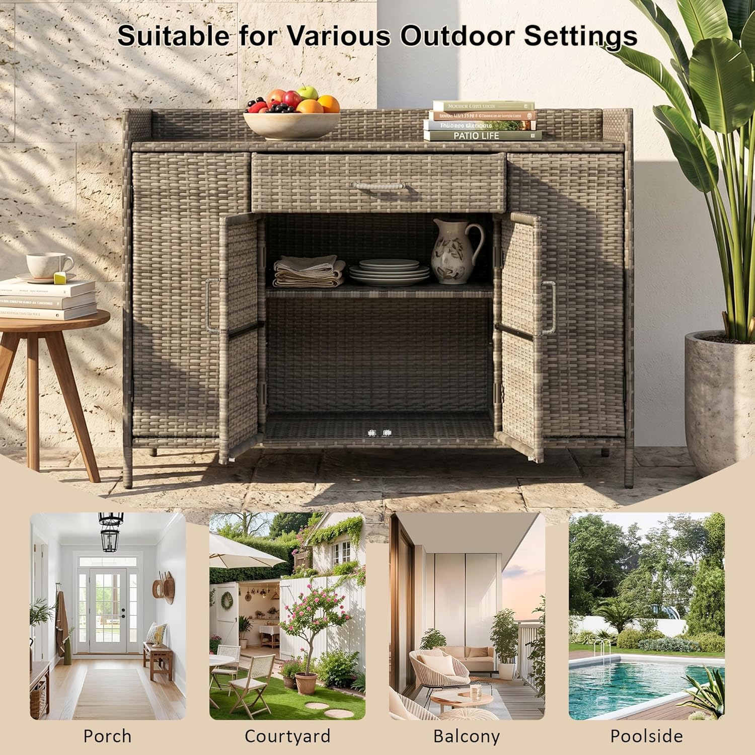 Merax 53.2" Patio Wicker Storage Cabinet, Outdoor Waterproof Patio Bar Table with Drawer and Shelves, Wicker Buffet Cabinet Sideboard for Poolside and Backyard, Black+Brown