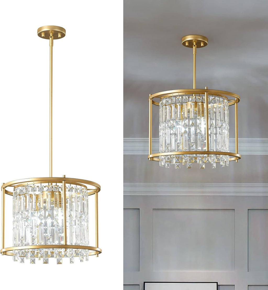 LMQNINE Modern Foyer Chandelier, Gold Crystal Chandelier Entryway Pendant Light Fixture, Round Adjustable Height Chandeliers for Kitchen Island, L15.74'' x H10.43''