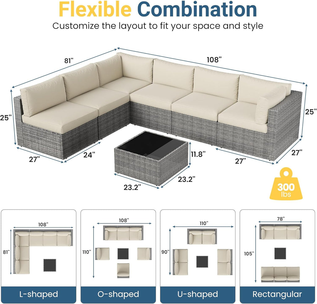 Wisteria Lane 7 Pieces Outdoor Patio Furniture Set, Wicker Outdoor Patio Sectional Sofas with Coffee Table, All-Weather Patio Conversation Set for Garden Backyard, Beige