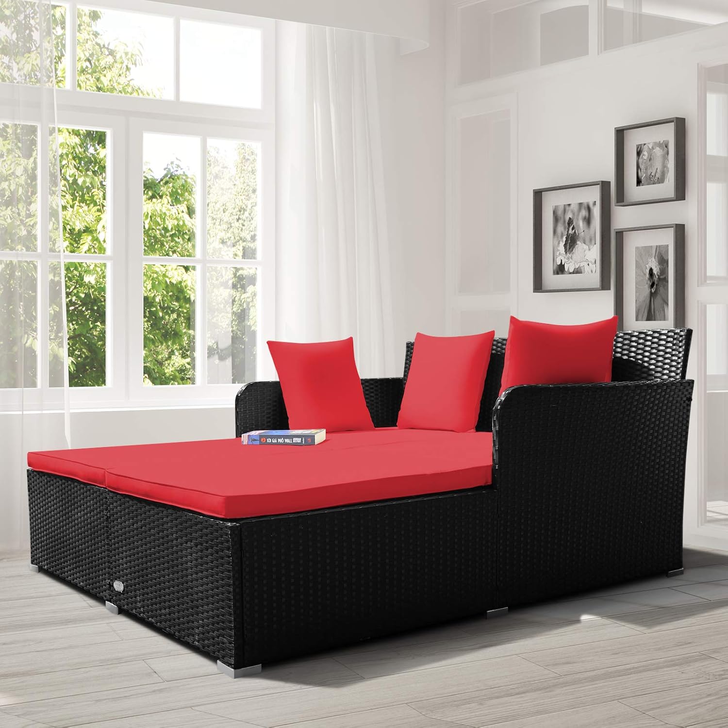 COSTWAY Outdoor Patio Rattan Daybed, Sponge Cushioned Loveseat Sofa with 4 Pillows, Wicker Furniture Sunbed for Balcony, Courtyard (Red)
