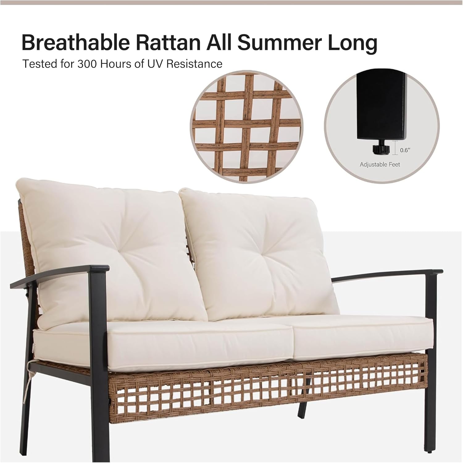 LAUSAINT HOME Outdoor Patio Loveseat with Coffee Table Set of 2, 2 Pieces Comfortable Oversized Wicker Furniture Conversation Set, Rattan Bistro Set for Backyard, Porch, Garden and Poolside, Beige