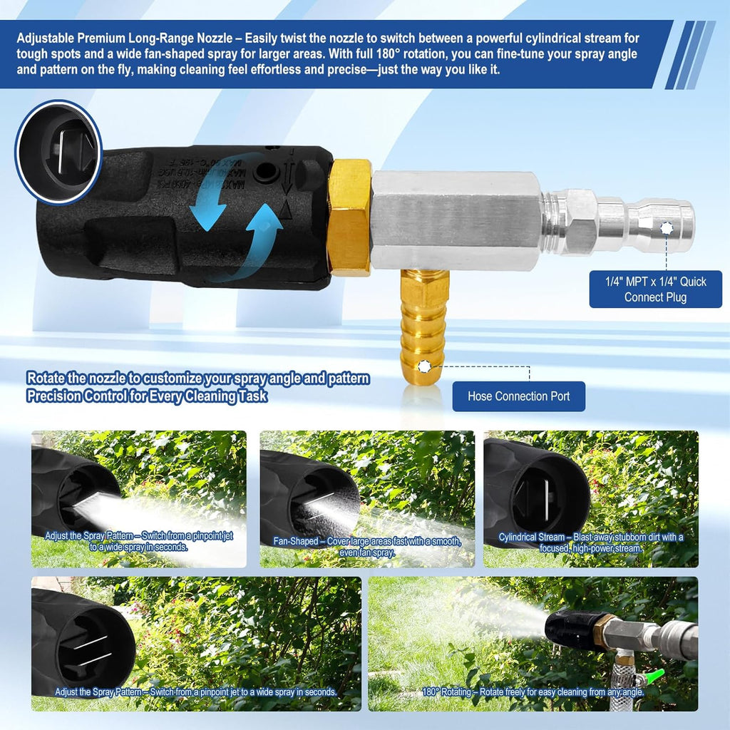 Adjustable Long Range Nozzle for Pressure Washer, Downstream Injection Spray Nozzle Kit 4–4.5 GPM, External Chemical Injector w/1/4" Quick Connect,15FT Hose,Shut-Off Valve & Filter,2500–4000 PSI.