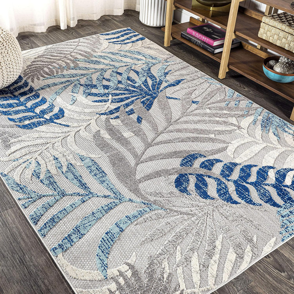 JONATHAN Y Tropics Palm Leaves Indoor Outdoor Area Rug 8X10 Gray/Blue, Boho for Backyard, Patio, Porch, Easy-Cleaning, High Traffic, Pet-Friendly, Non-Shedding (AMC100A-8)