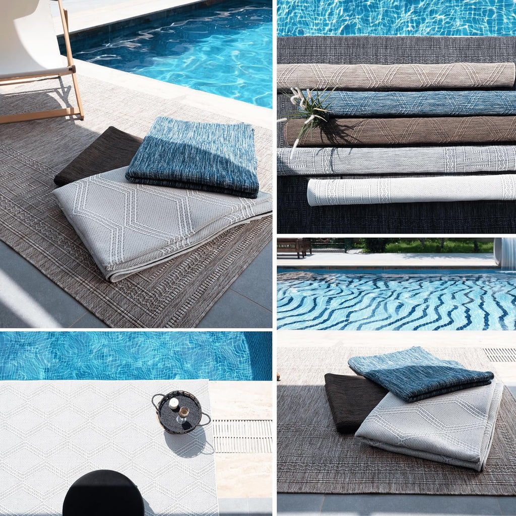 Diana Textured Foldable Indoor Outdoor Rug, 8x10, Weather Resistant, Easy Clean, UV Resistant, Modern Bordered Patio Carpet for Porch, Deck, Backyard, Living Room (8' x 10', Beige)