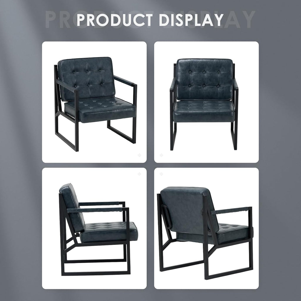 COLAMY Accent Chairs Set of 2, Modern Accent Arm Chairs for Living Room, Comfy Leather Armchairs with Metal Legs for Bedroom Reception Room, Blue