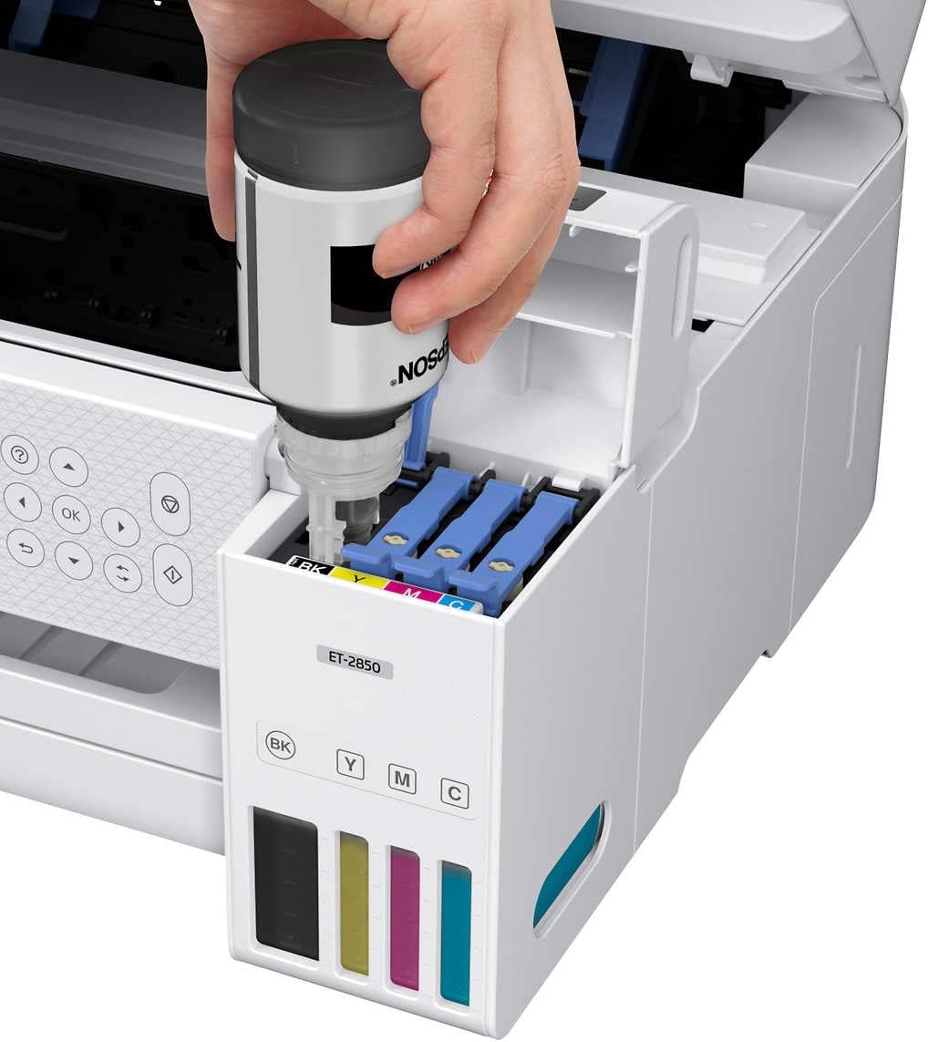 Epson EcoTank ET-2850L Wireless Color All-in-One Printer, Print Scan Copy, 1.44" Color Display, Auto-Duplex Printing, Up to 10.5 PPM, 1200X2400 DPI with Bonus Black Ink Bottle and Printer Cable