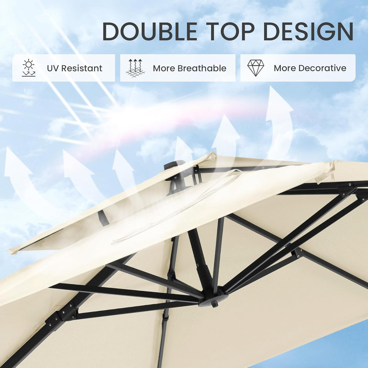 10x10 FT Cantilever Patio Umbrella Double Top Outdoor Square Large Heavy Duty Aluminum Offset Umbrellas with 7 Level Tilt 360-degree Rotation for Pool Garden Deck, Beige