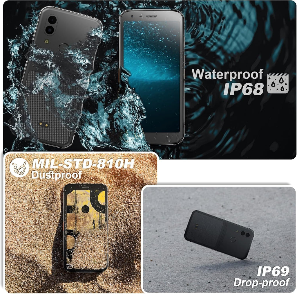 Unifone S62 Unlocked Rugged Cell Phone (128GB, 4GB) 5.7" IP68 Waterproof Android Smartphone, 12MP Dual Camera, All Day Battery, NFC, Fingerprint Unlock, Snapdragon 660 Nano Slot(Black)