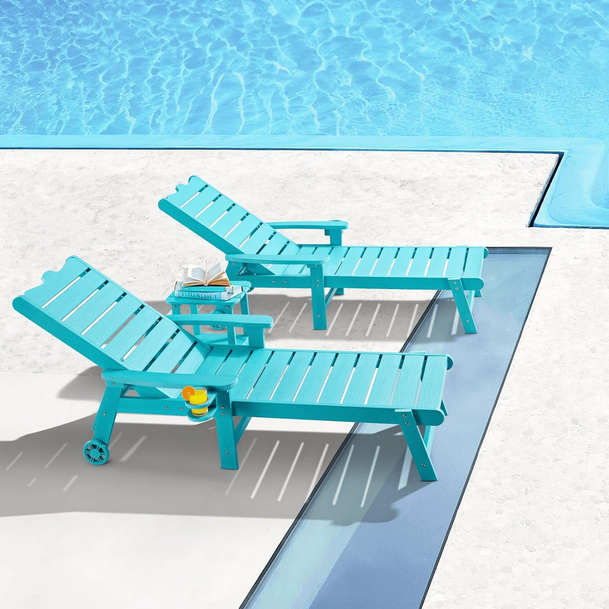 ONBRILL Patio Chaise Lounge Set of 2, Outdoor Lounge Chairs with 5-Level Adjustable Backrest, CupHolder, No Fade, No Break, 350lbs Capacity, HDPS Material, Blue