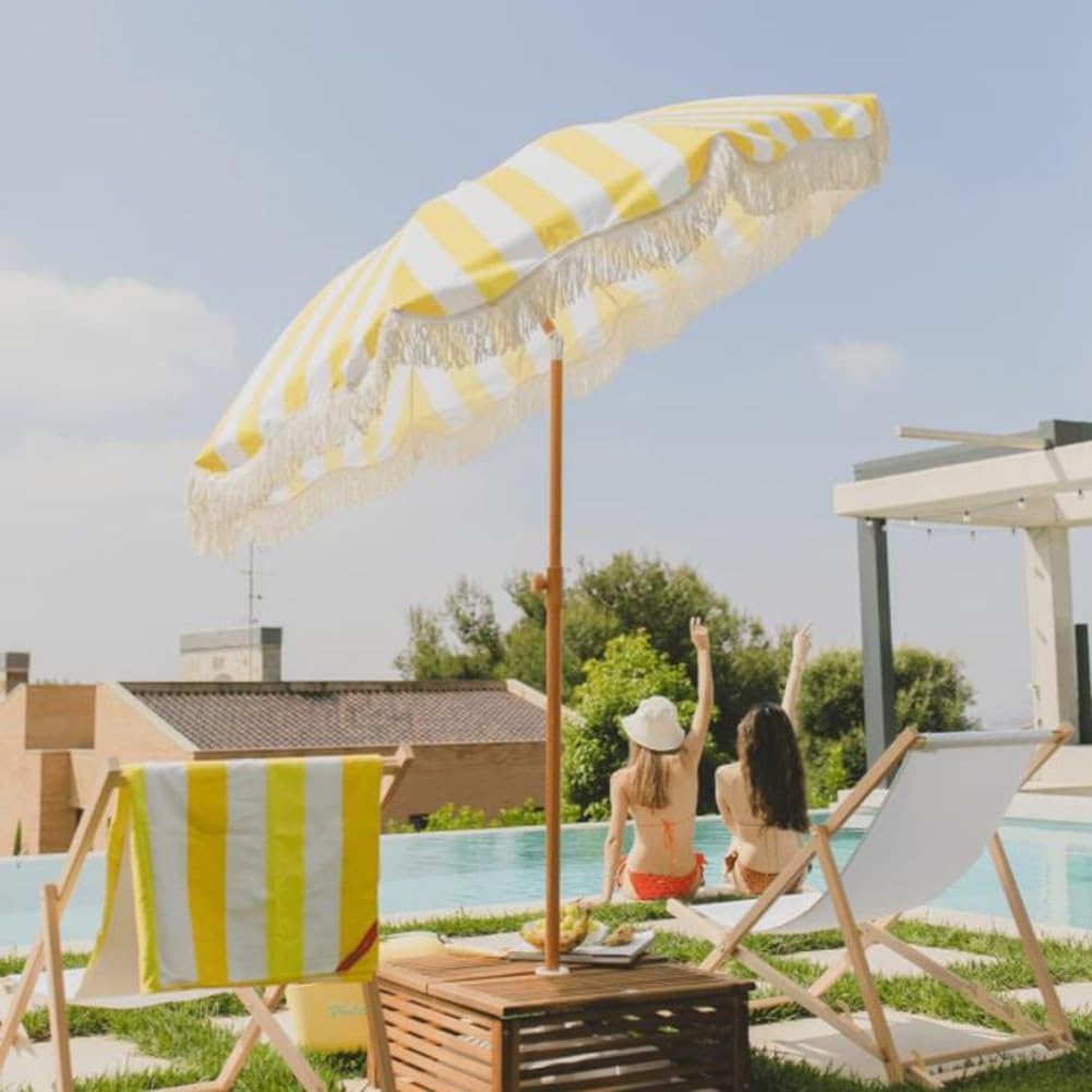 7FT Boho Fringe Patio Umbrella - Outdoor Garden Parasol for Beach Deck - Yellow and White Stripes - Stylish Vintage Tassels - Push Button Tilt
