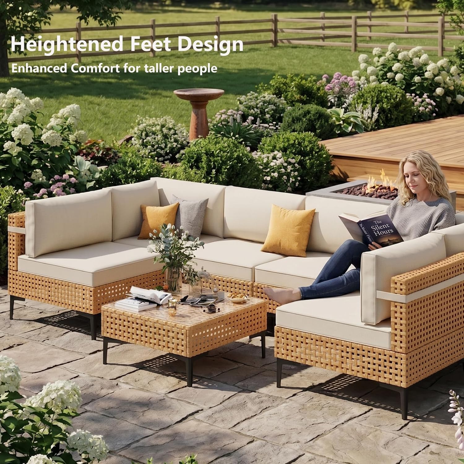 ABCASA Patio Furniture Set, 110" Large 7-Piece Wicker Outdoor Patio Furniture Sets with Anti-Slip Cushions & Coffee Table,Boho Patio Conversation Set Sectional Sofa for Backyard,Porch,Beige