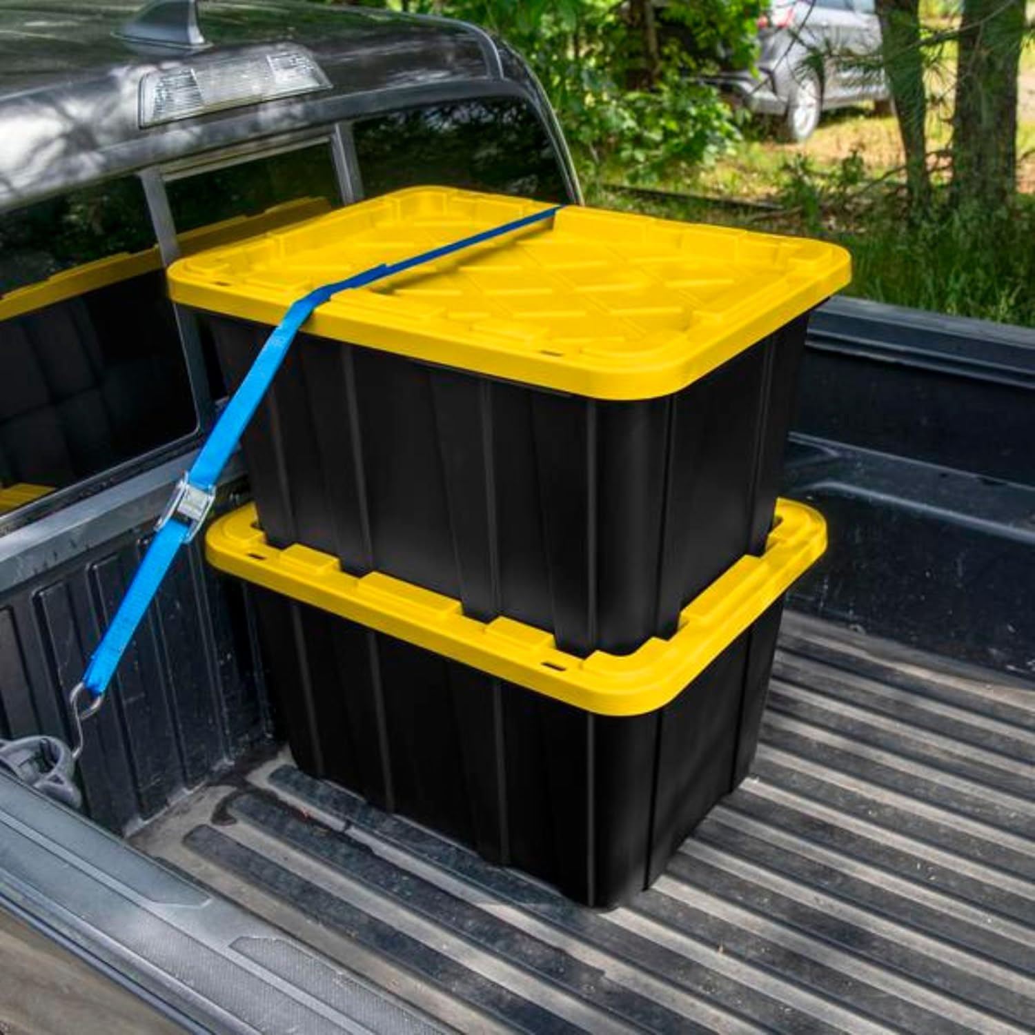 Sterilite 8-Pack 27 Gallon Industrial Storage Tote, Heavy-Duty Plastic Bins, Black/Yellow - Stackable Utility Organizers with Lids for Garage, Camping Tools, and Outdoor Gear
