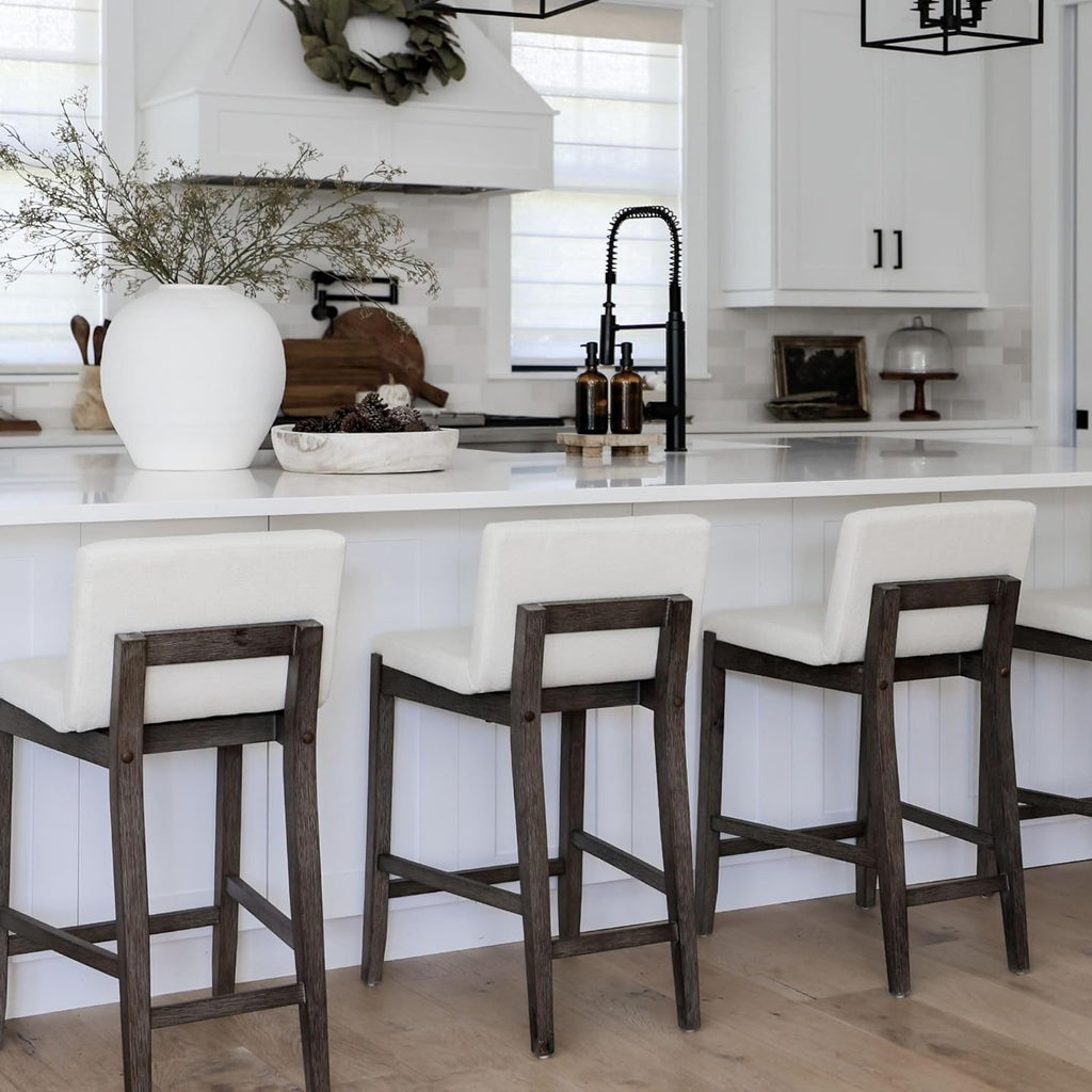 Nathan James Gracie Modern Counter Height Bar Stool with Back, Counter Stool Upholstered Chair with Natural Textured Linen and Brushed Wooden Legs, Cream Boucle/Dark Brown, Set of 4