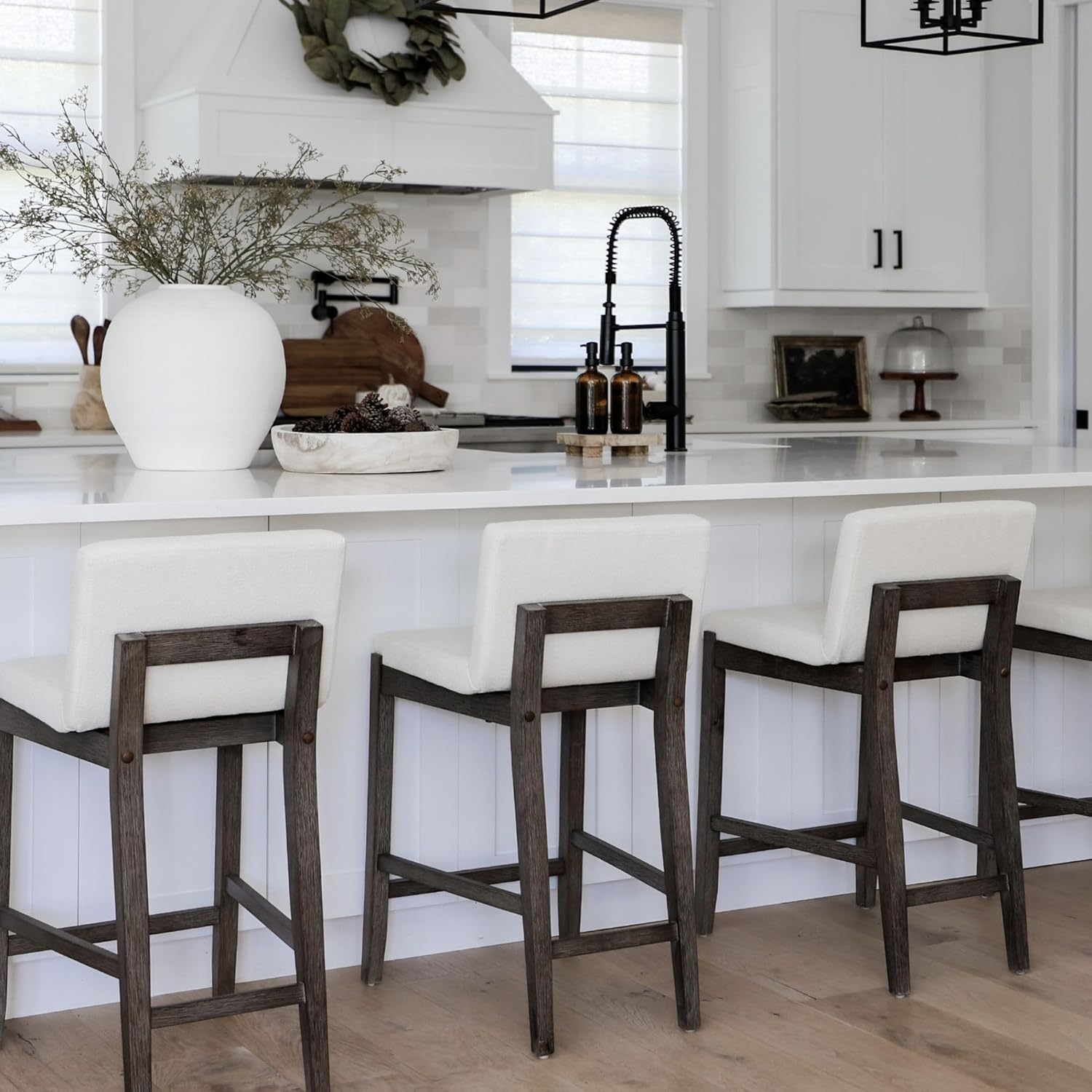 Nathan James Gracie Modern Counter Height Bar Stool with Back, Counter Stool Upholstered Chair with Natural Textured Linen and Brushed Wooden Legs, Cream Boucle/Dark Brown, Set of 4