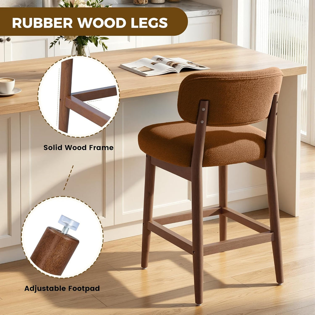 Counter Height Bar Stools Set of 2, Mid-Century Modern Boucle Bar Chairs with Solid Wood Frame, Upholstered Stools with Backrest for Kitchen Island, Home Bar, Caramel Brown